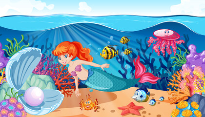Naklejka na ściany i meble Mermaid and sea animal theme cartoon style on under sea background