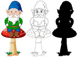 Gnome sitting on mushroom in color and outline and silhouette in cartoon character on white background