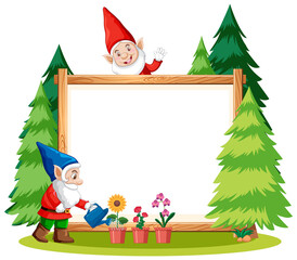 Gnomes watering plant with blank banner on white background