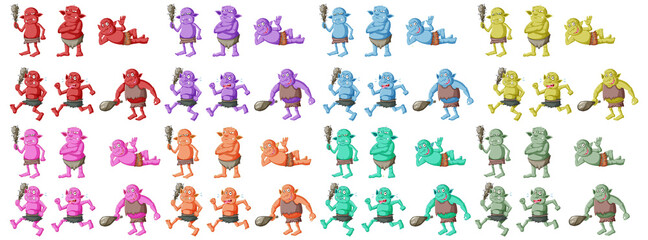 Set of colorful goblin or troll in different poses in cartoon character isolated - obrazy, fototapety, plakaty