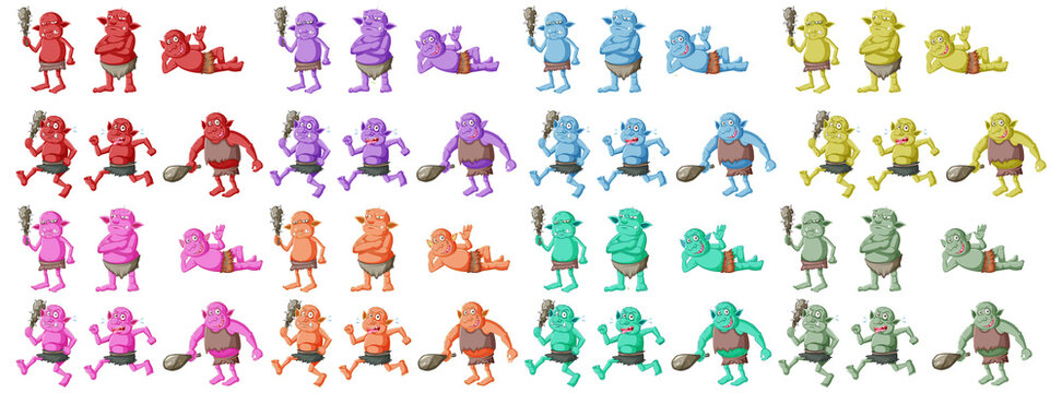 Set of colorful goblin or troll in different poses in cartoon character isolated