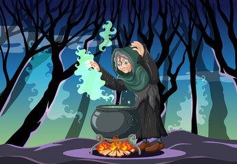 Wizard or witch with magic pot on dark forest scene