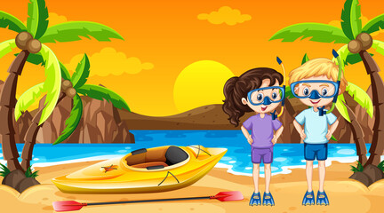 Obraz na płótnie Canvas Scene with two kids and canoe on the beach