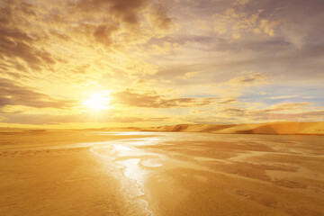 Scene of water landscape in the dunes of the Sahara Desert, Tatooine. Tunisia, Africa. Sunset or...