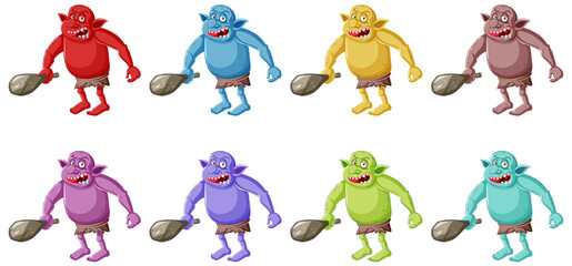 Set of colorful goblin or troll holding hunting tool in cartoon character isolated
