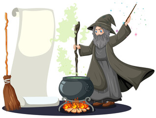 Old wizard with black magic pot and broomstick and blank banner paper cartoon style isolated on white background