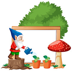 Gnome watering plants position infront of blank banner on white background