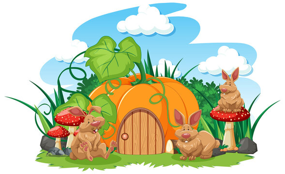 Pumpkin house with three rabbit cartoon style on white background