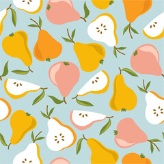 Pears and leaves background. Hand drawn overlapping backdrop. Colorful wallpaper vector. Seamless pattern with fruits. Decorative illustration, good for printing. Design poster