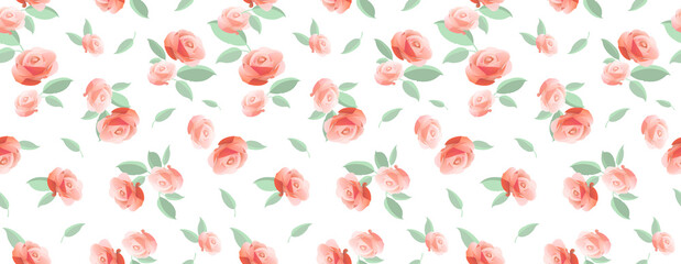 Small red beautiful roses with green petals on a white background. A seamless pattern of colors. Vector illustration.