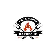 BBQ Vintage Logo Grill Party barbeque with Fork and Fire Flame