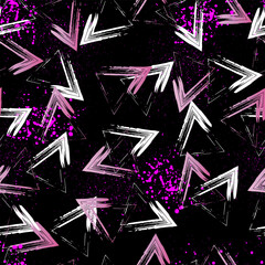 White and pink triangle brush effect on black background with pink dots spray. Seamless pattern.