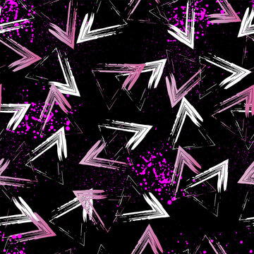 White and pink triangle brush effect on black background with pink dots spray. Seamless pattern.