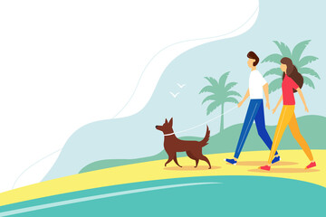 Woman and man walking with the dog on the beach. The concept of an active lifestyle, outdoor recreation. Cute summer illustration in flat style. 