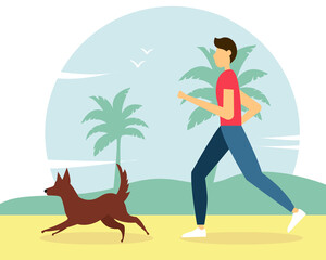 Man running with the dog on the beach. Cute vector illustration in flat style. 
