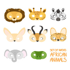 illustration set of cartoon animal africa carnival masks: lion, giraffe, zebra, fenech, antelope, serval, elephant, crocodile. mask on the eyes of a masquerade. vector