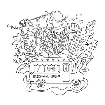 Vector illustration with a bus and school items on a white isolated background. Outline. Coloring book. Objects are isolated.