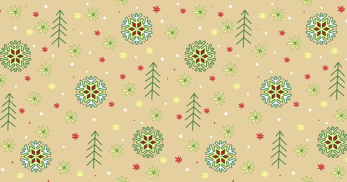 Christmas or New Year colored pattern with snowflakes and Christmas trees on beige background, for winter holidays design. Loop animation 4K