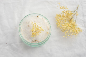 sweet home made lemon elderflower sugar in a glas