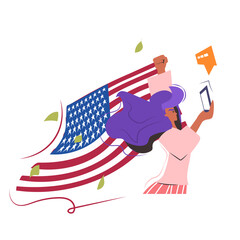 woman protester with american flag using smartphone campaign against racial discrimination black lives matter concept social problems of racism portrait vector illustration