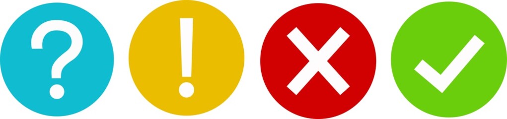 Set of round marks, cross, exclamation and question point, checkmark icons, buttons on white background.