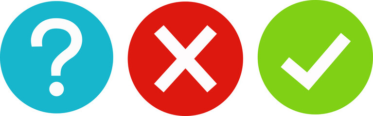 Set of round marks, cross,  question mark, checkmark icons, buttons on white background.