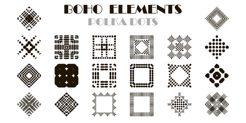Set: Polka dots pattern. Mosaic of ethnic figures. Patterned texture. Geometric background. Vector illustration for web design or print.