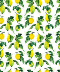 Seamless pattern of yellow lemons, green leaves on a tree branch. Fruits on a white background. Citrus. Watercolor hand drawn illustration with paper texture. Template for print, textile, box, 