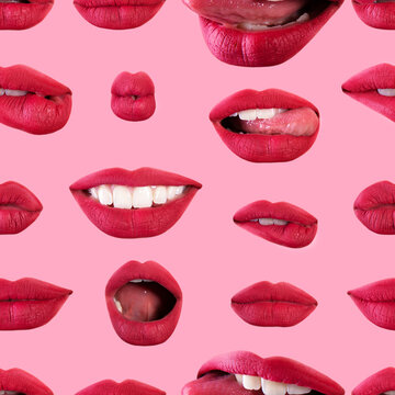Naklejka Seamless pattern of seductive beautiful female lips with different emotions. Emotional woman's mouth gestures, collage over pink background. Template for print, textile, box, wallpaper, cover design