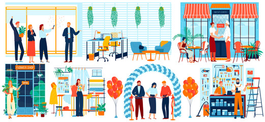 Fototapeta premium People open business vector illustration. Cartoon flat businessman cutting red ribbon at grand opening event, character holding open sign, recruiting and hiring office employee icon isolated on white