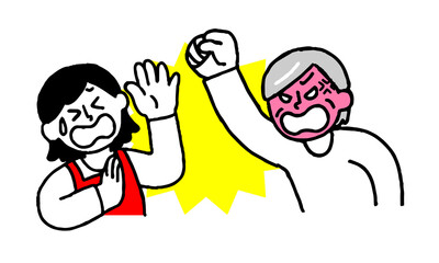 殴りかかるシニア女性と暴力を受けるエプロン女性（シンプル）