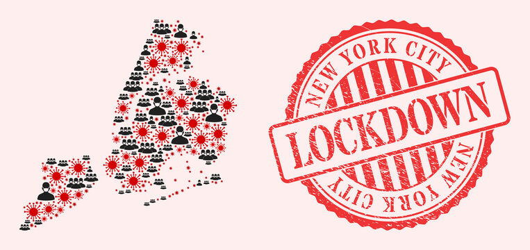 Vector Collage New York City Map Of SARS Virus, Masked People And Red Grunge Lockdown Seal Stamp. Virus Particles And People In Masks Inside New York City Map.