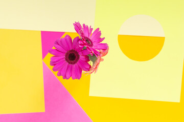 Flowers on a yellow background with pink and purple, pop art, abstract, decorative and minimal
