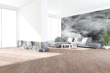 modern room with sofa,pillows,plaid,plants interior design. 3D illustration