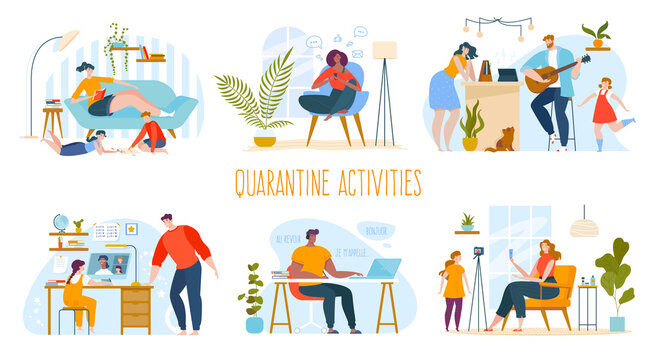 People stay home in quarantine vector illustration set. Cartoon flat woman man or family characters communicate in online social media, mother father and kids staying home together isolated on white