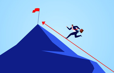 Businessman runs to the top of the mountain following the direction of the red arrow