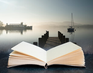 Digital composite concept image of open book with Stunning unplugged fine art landscape image