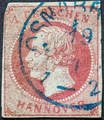 Hannover / Germany - circa 1859: A stamp shows a penny from Hanover showing King Georg V.