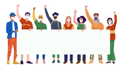 Group of people protesters wearing face masks holding banner. Vector