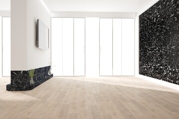 modern empty room with tv set and plants interior design. 3D illustration