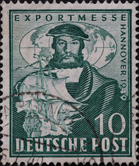 GERMANY - CIRCA 1949: a postage stamp printed in Germany for the 1949 Hanover export fair and shows the Cologne councilor and Stalhof merchant Hermann Wedigh after a painting by Hans Holbein