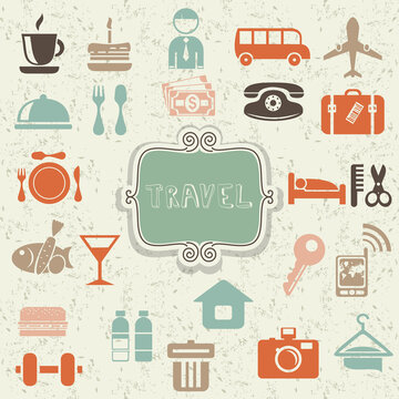 Retro locations and places icons with frame on shabby background. Vector