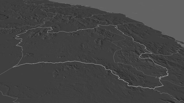 Gia Lai, province with its capital, zoomed and extruded on the bilevel map of Vietnam in the conformal Stereographic projection. Animation 3D