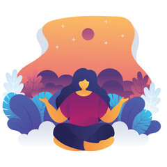Woman meditating in nature and leaves. Concept illustration for yoga, meditation, relax, recreation, healthy lifestyle. Vector illustration in flat cartoon style in many situation
