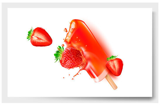 3 d.Strawberry ice cream.Popsicle ice cream on a stick.Slices of Strawberry. Picture for sale of fruit and ice cream. Vector image on white background.