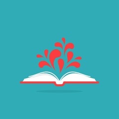 Open book with red book cover and red paint drops flying out. Isolated on blue background.