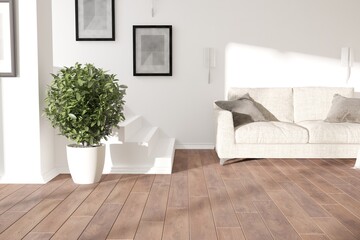 modern room with sofa,pillows,frames,lamp and plant interior design. 3D illustration