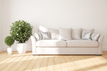modern room with sofa,pillows,plants interior design. 3D illustration
