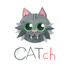 A postcard with a black cat. Hand-drawn watercolor inscription 'catch' and illustration with a funny crazy kitten on a white background. For posters, t-shirts, textiles, printing, postcards, stickers.