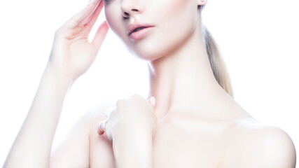 Obraz na płótnie Canvas Lips, hands, shoulders. Beauty part of face, healthy skin, Skincare facial treatment female health concept